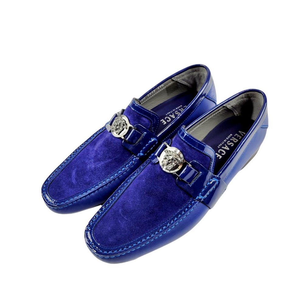 NEW Versace Blue Suede and Leather Medusa Loafers